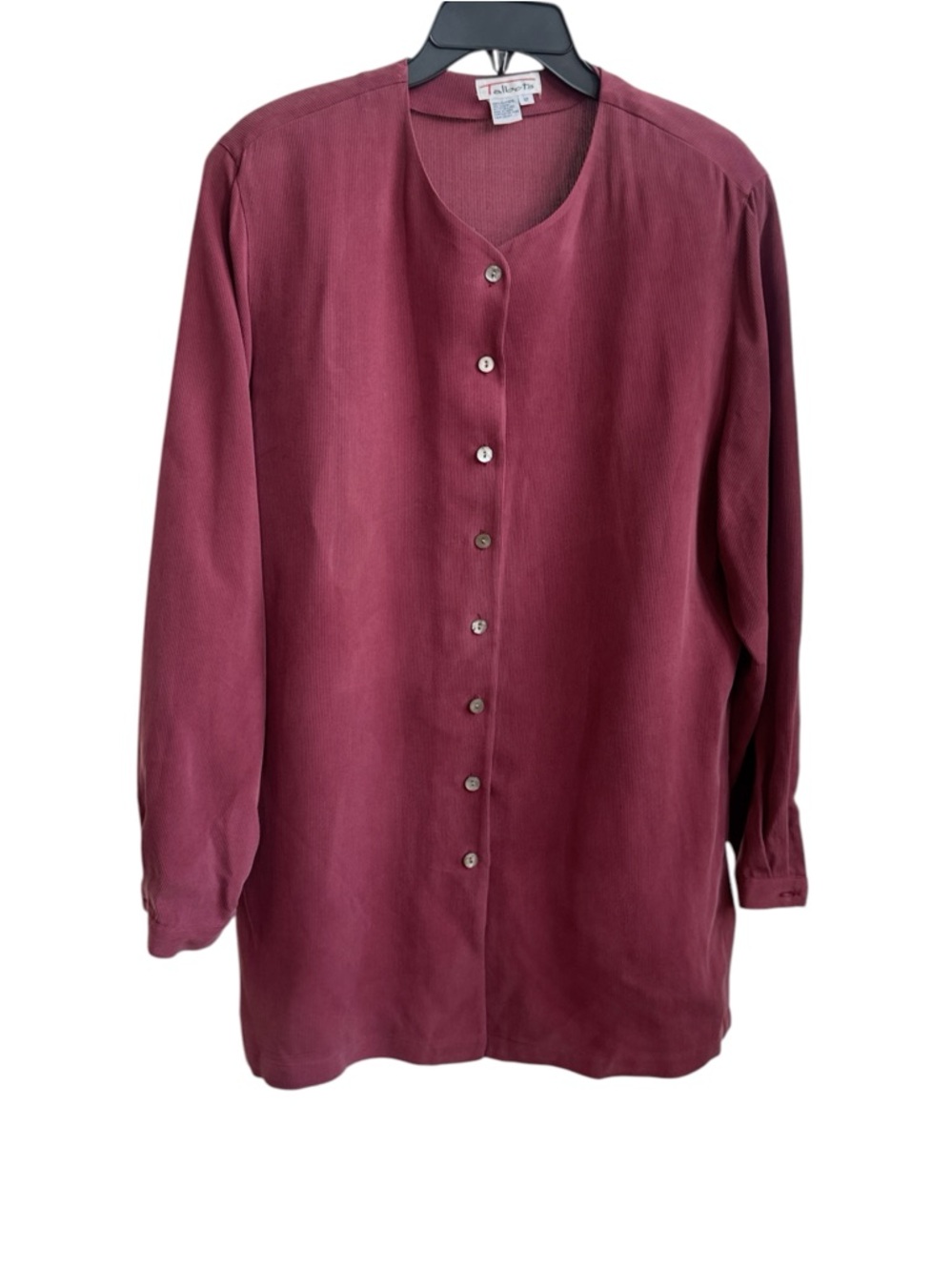 vintage Talbots 100% Silk burgundy long-sleeve button-front top Blouse size 12
